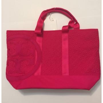 NEW Auth Tory Burch LARGE Marion Quilted Nylon beach Tote Shoulder Bag hot Pink