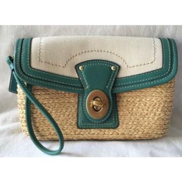 COACH Legacy Straw &amp; Turquoise Leather Clutch Wallet Purse Wristlet Bag-NICE
