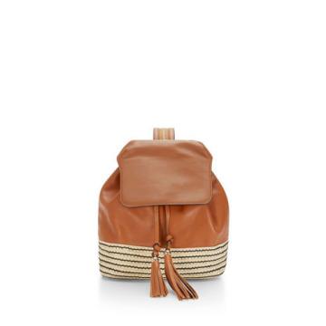 REBECCA MINKOFF MANSFIELD BACKPACK BAG Almond Leather w/Basket Weave Straw NWT