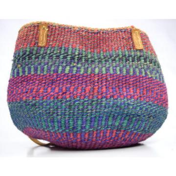 Vtg Leather Multi Color Straw Woven Wicker Basket Bucket Shoulder Bag Purse Sack