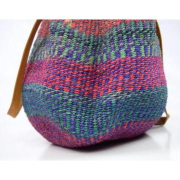Vtg Leather Multi Color Straw Woven Wicker Basket Bucket Shoulder Bag Purse Sack