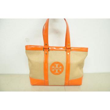 Tory Burch Tote Ella Orange Patent Leather Woven Straw Bag purse shopper
