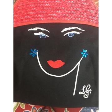 LULU GUINNESS BLACK CANVAS RED STRAW HANDLE WOMANS FACE TOTE HAND BAG✨