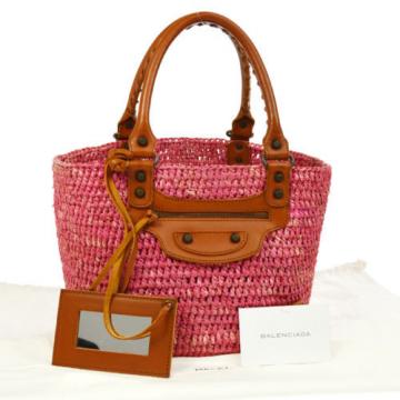 Authentic BALENCIAGA Raffia Basket Hand Bag Pink Straw Leather Vintage G02639