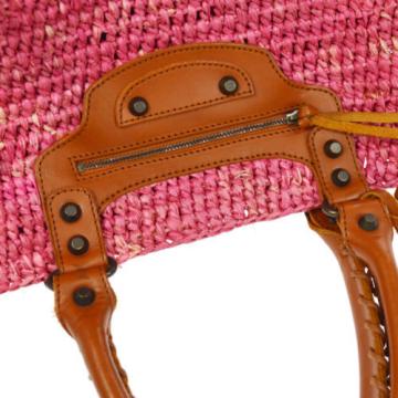Authentic BALENCIAGA Raffia Basket Hand Bag Pink Straw Leather Vintage G02639