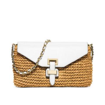 Michael Kors STRAW NAOMI Gold White Large Clutch Handbag Bag Satchel Purse NEW