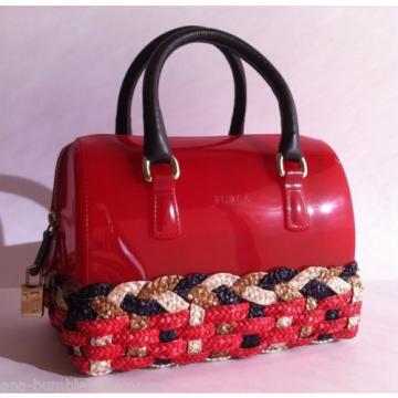 FURLA Rubber Jelly MINI &#039;CANDY BAG STRAW&#039; Red Weaved LEATHER Satchel Handbag NWT