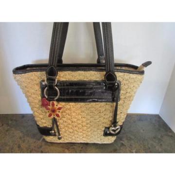 Brighton Straw and Leather Small Tote Shoulder Bag Satchel with Flower Emblem