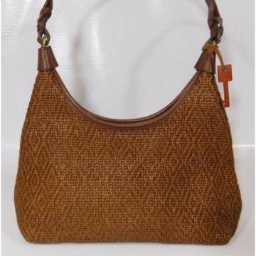 Womens FOSSIL Wooden Key Brown Woven Purse Straw Leather Trim Bucket Bag Boho