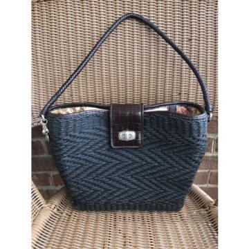 Brighton Black Straw woven brown leather flap tote bag shoulder purse large