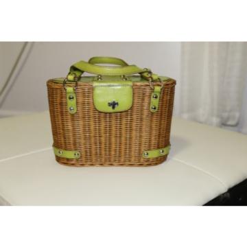 Monsac Straw Tote Basket Bag with Green Leather Trim Very Nice