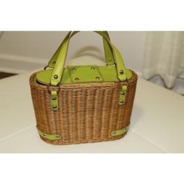 Monsac Straw Tote Basket Bag with Green Leather Trim Very Nice