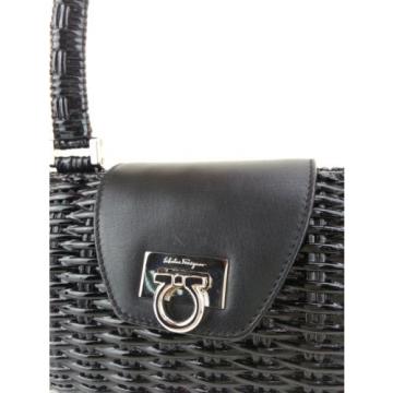 Salvatore Ferragamo Vintage Black Leather Bamboo Straw Shoulder Bag Handbag