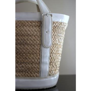 Straw and Cream Patent Leather Bucket Beach Bag