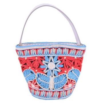 DOLCE &amp; GABBANA RUNWAY MISS INGRID Floral Raffia Satchel Handbag Bag Blue 03577