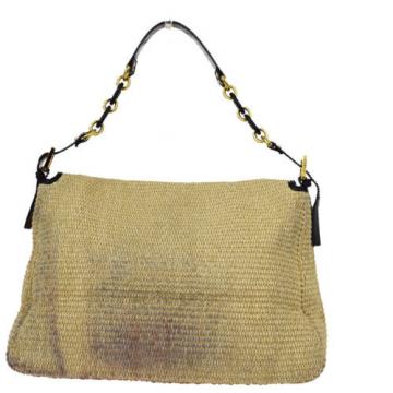 Authentic FENDI Zucca Logo Chain Shoulder Bag Straw Patent Leather Beige 00Y816