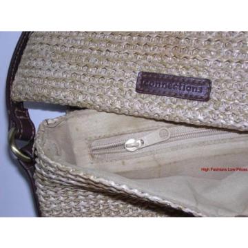 Vtg CONNECTION Leather Trim Straw Purse FLAP SLING Dark Brown Beige Shoulder Bag