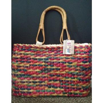 NWT Vintage Woven Straw &amp; Bamboo Handles Bohemian African Market Tote Bag Purse