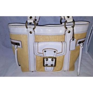 Coach LEGACY Straw &amp; White Leather Medium Large Buckle Pocket Tote Handbag Bag