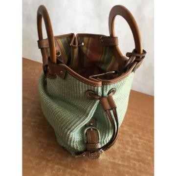 Fossil Handbag Satchel Bag Green Woven Straw Wooden Handle Leather Trim W Key