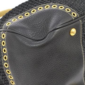 Authentic PRADA Logos Hand Bag Purse Black Beige Straw Leather Italy NR09017