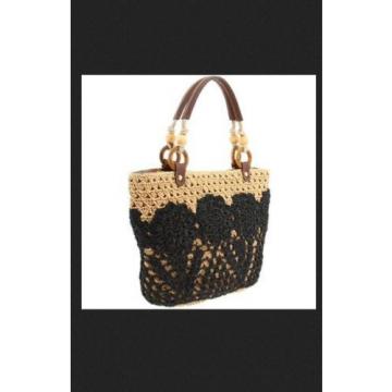 FOSSIL HATHAWAY tan and black crochet woven  floral straw shopper tote bag