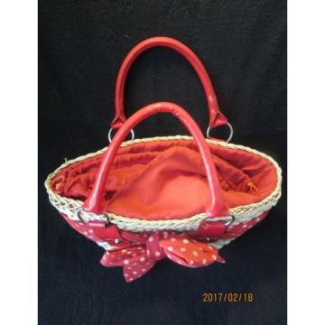 Womens Red Polka Dot &amp; Vinyl Fabric Lined Straw Carry Bag Unique