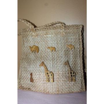 Woven Straw Tote Lined Wooden Elephants Giraffes Braided Straps Beach Bag A2
