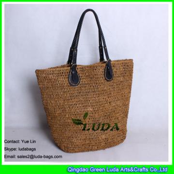 LDLF-006 leather handles raffia straw tote bag fashionable beach shopper bag