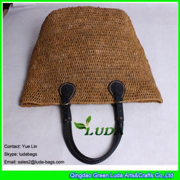LDLF-006 leather handles raffia straw tote bag fashionable beach shopper bag
