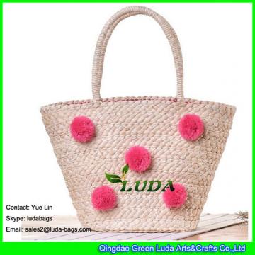 LDYP-033 2017 new summer tote handbag black Pom poms tote straw bag