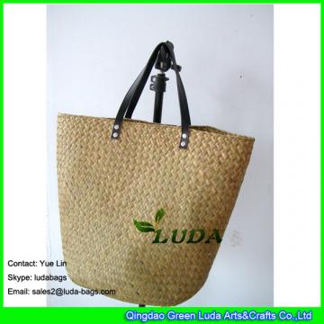 LDSC-011 handmade cheap straw handbags black pu leather handles lady water grass straw beach bag