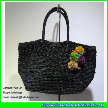 LDLF-071 black raffia totes colorful pom poms female crochet raffia straw bags