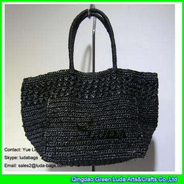 LDLF-071 black raffia totes colorful pom poms female crochet raffia straw bags