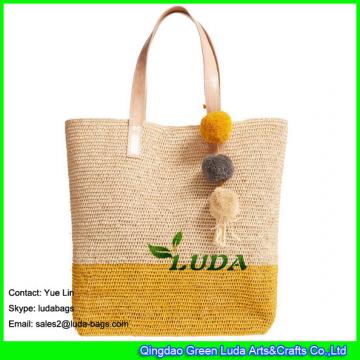 LDLF-013 natural color and light yellow striped raffia tote pom poms straw raffia bag for women travel on beach