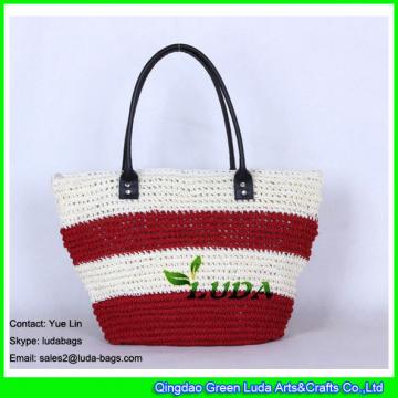 LDZS-021 striped women tote bag paper straw crochet beach bag with black handles