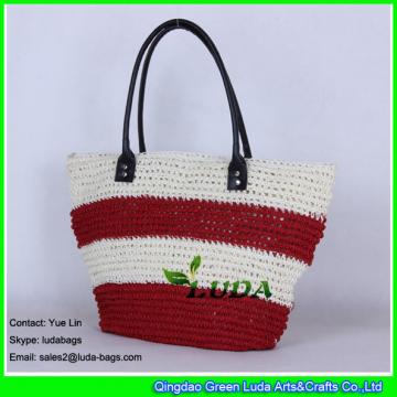 LDZS-021 striped women tote bag paper straw crochet beach bag with black handles