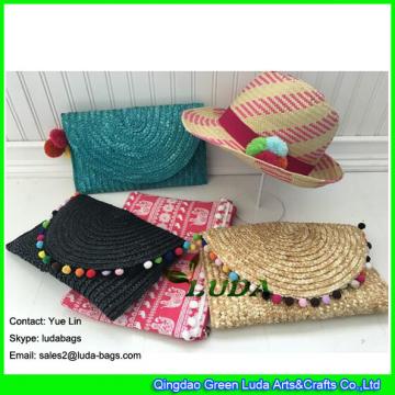 LDMC-128 colorful pom poms handbag lady beach straw clutch bag online