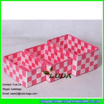 LDKZ-009 pink polypropylene fiber woven tote set of 3 strap shelf storage basket