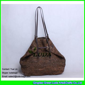 LDLF-008 dark brown raffia straw beach bag foldable crochet raffia totes