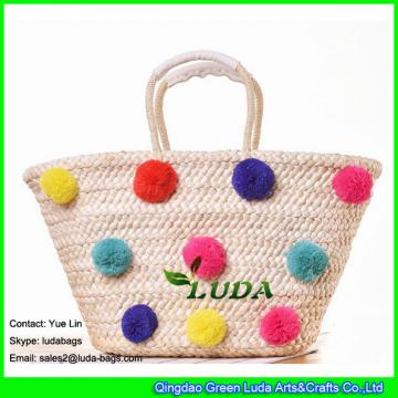 LDYP-032 2017 new large totes colorful pom poms straw bags for beach in summer