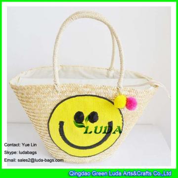 LDMC-063 large  summer beach tassel tote bag sequins smile face straw bag