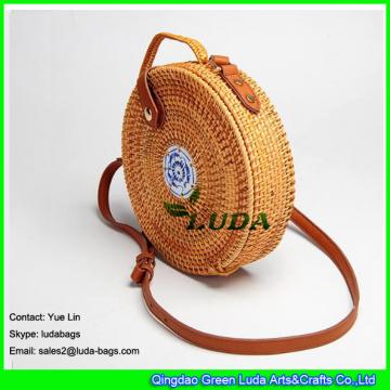 LDTT-032 round shape rattan shoulder bag blue and white porcelain decorated straw rattan handbags