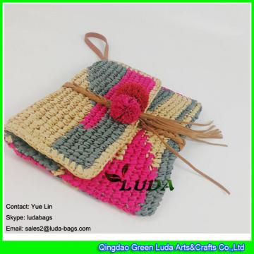 LDZS-012 color block women purse hand crochet  clutch summer paper straw handbag