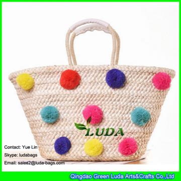 LDYP-032 colorful pom poms summer straw bag large size beach straw tote bag