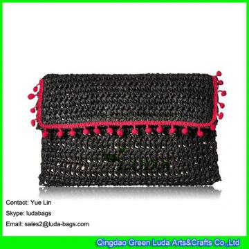 LDZS-010 black pom pom handbag paper straw  crochet clutch bag for women