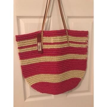 New Merona Target Leather Straw Beach Tote Bag Purse Rose Bright Pink Natural