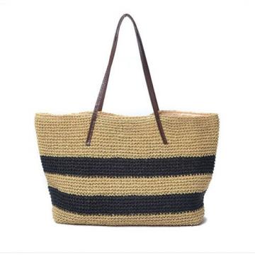 New Women Black Strips Straw Woven Beach Tote Shoulder Bag Handbag