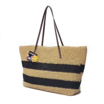 New Women Black Strips Straw Woven Beach Tote Shoulder Bag Handbag