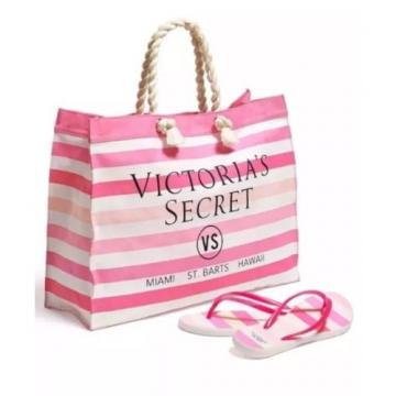Victoria&#039;s Secret Pink &amp; White Beach Tote Bag &amp; Flip Flops Set Size 9-10 (Large)